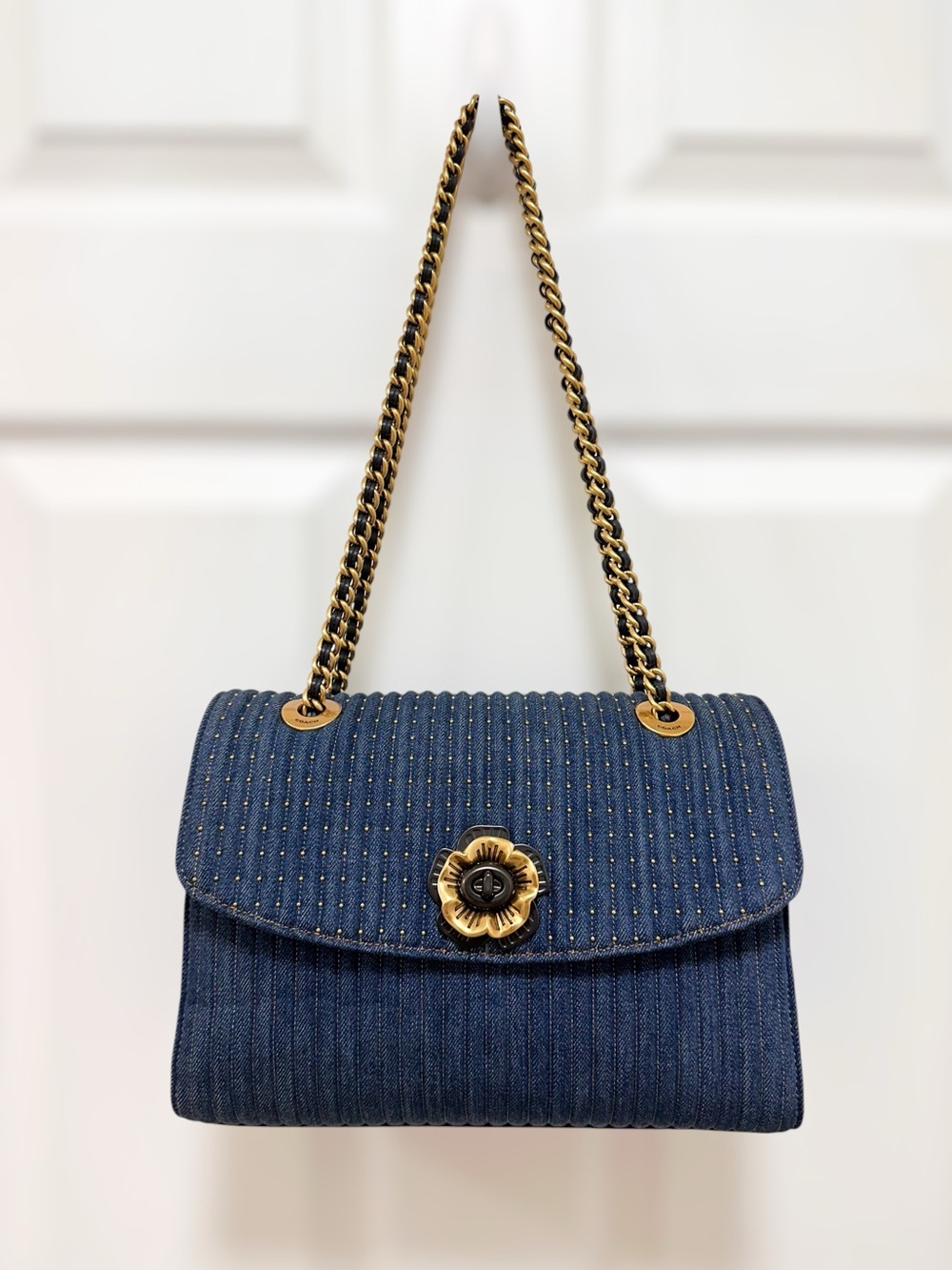 Coach Parker Shoulder Bag Quilted Denim Blue Rivets Tea Rose 68222